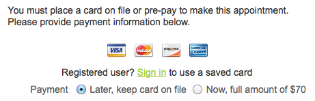 Collecting a credit card number or payment in online scheduler